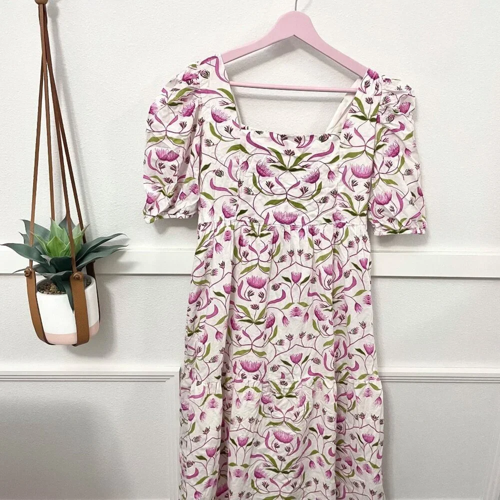 Monsoon & Beyond 1919 Estella Mongrove Pink Floral Puff Sleeve Midi Dress Size L - Picture 2 of 6
